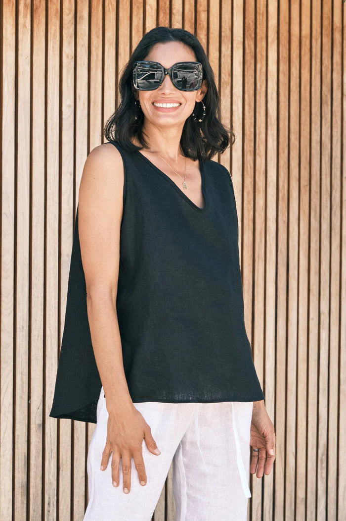 Carolina - Zoe Linen Sleeveless Top - Black Color Front VIew