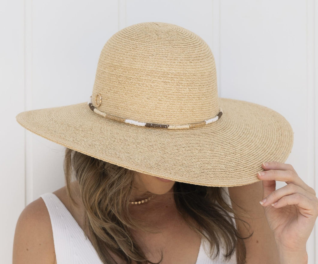 Candace Wide Brim Raffia Hat - Multi Brown Tones Trim