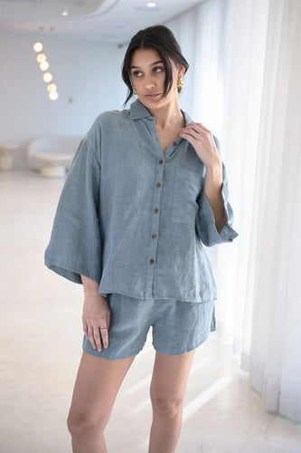 Eadie Lifestyle - Fundamental Linen Shirt in Blue colour front shot