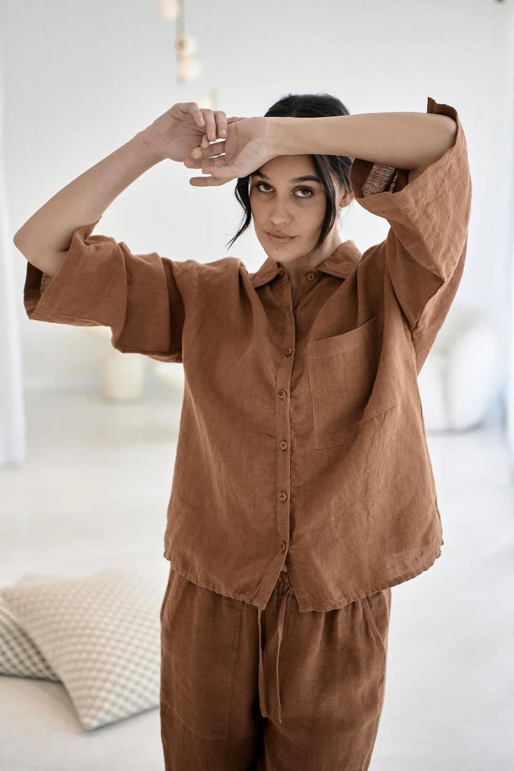 Eadie Lifestyle - Fundamental Linen Shirt in Nutmeg colour front shot