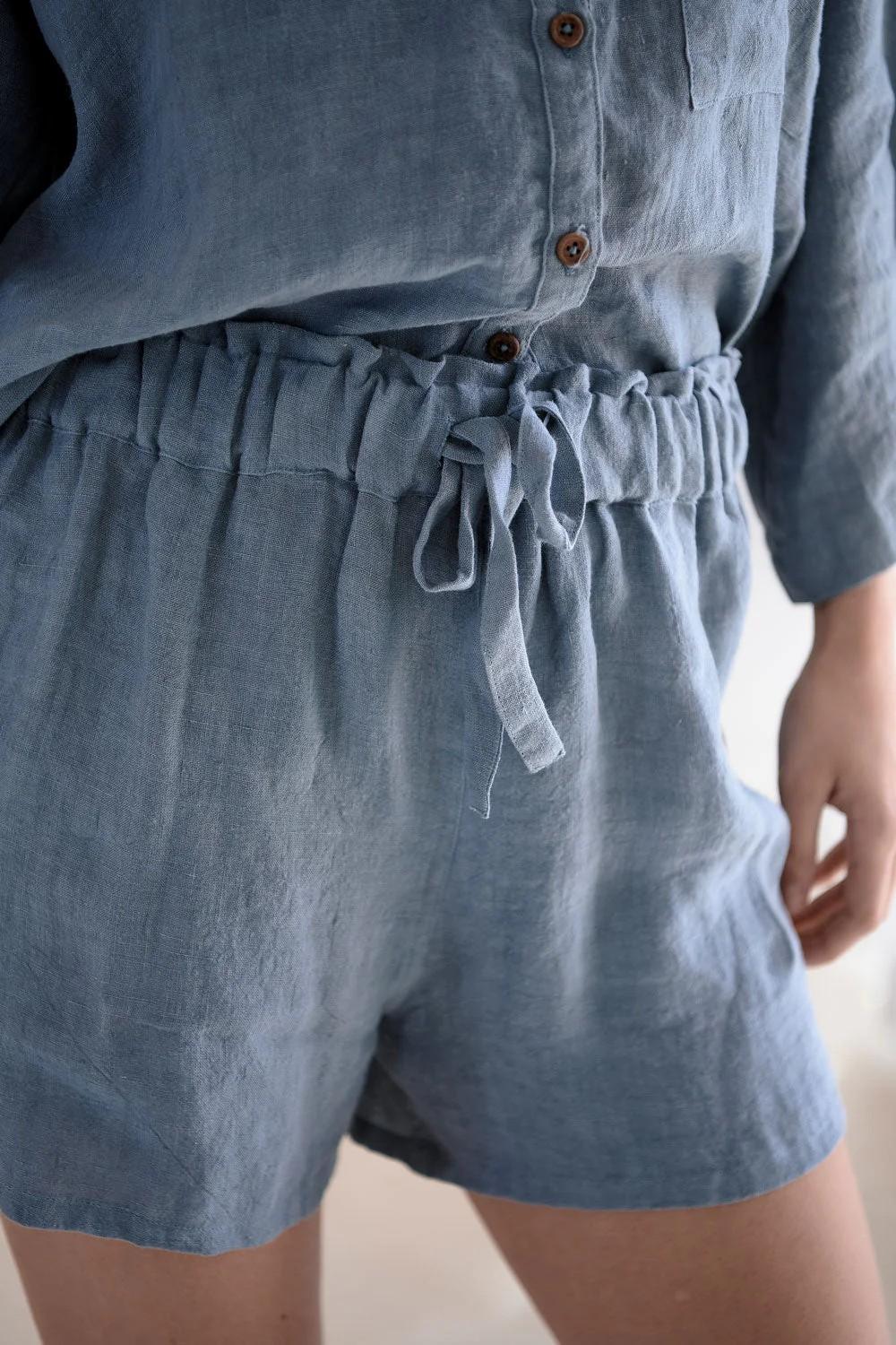 Eadie Lifestyle - Fundamental Linen Shorts in Blue colour front closed up shot