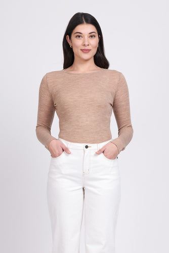 Foil - Fine Merino Crew Neck Top - Birch Marl Colour Front View