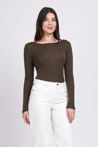 Foil - Fine Merino Crew Neck Top - Khaki Marl Front View