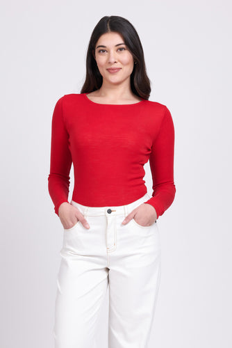 Foil - Fine Merino Crew Neck Top - Red Colour Front View