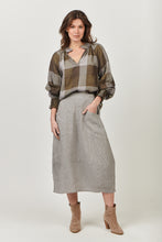 Load image into Gallery viewer, Naturals by O&amp;J Linen Long Sleeve, Ruffle Collar Top Breen Plaid Color Front View
