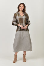 Load image into Gallery viewer, Naturals by O&amp;J Linen Long Sleeve, Ruffle Collar Top Breen Plaid Color Front View
