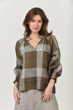 Load image into Gallery viewer, Naturals by O&amp;J Linen Long Sleeve, Ruffle Collar Top Breen Plaid Color Front View
