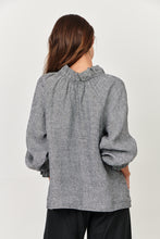 Load image into Gallery viewer, Naturals by O&amp;J Linen Long Sleeve, Ruffle Collar Top Pepper Color Back View
