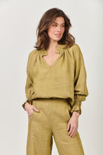 Load image into Gallery viewer, Naturals by O&amp;J Linen Long Sleeve, Ruffle Collar Top Peridot Color Front View
