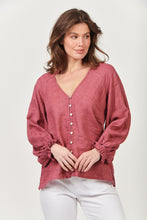 Load image into Gallery viewer, Naturals by O&amp;J Linen Top - Long Sleeve/ V-Neckline with Ruffled Collar Front View
