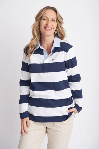 Goondiwindi Cotton - Relaxed Stripe Polo in Navy/White colour front shot