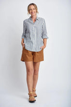 Load image into Gallery viewer, Goondiwindi Cotton - Stripe Linen 3/4 Sleeve Shirt in Navy/White colour front shot
