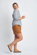 Load image into Gallery viewer, Goondiwindi Cotton - Stripe Linen 3/4 Sleeve Shirt in Navy/White colour side shot
