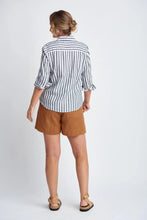 Load image into Gallery viewer, Goondiwindi Cotton - Stripe Linen 3/4 Sleeve Shirt in Navy/White colour back shot
