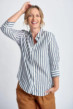 Load image into Gallery viewer, Goondiwindi Cotton - Stripe Linen 3/4 Sleeve Shirt in Navy/White colour front shot
