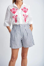 Load image into Gallery viewer, Goondiwindi Cotton - Stripe Linen Shorts in Navy/White colour front shot
