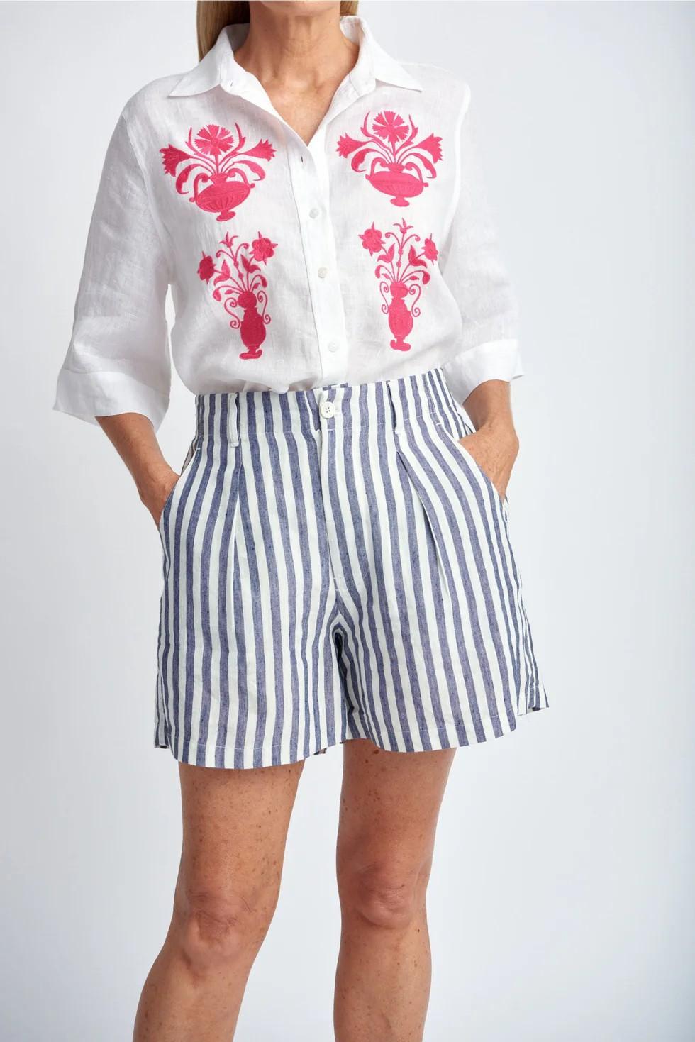 Goondiwindi Cotton - Stripe Linen Shorts in Navy/White colour front shot