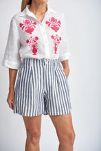 Load image into Gallery viewer, Goondiwindi Cotton - Stripe Linen Shorts in Navy/White colour front shot
