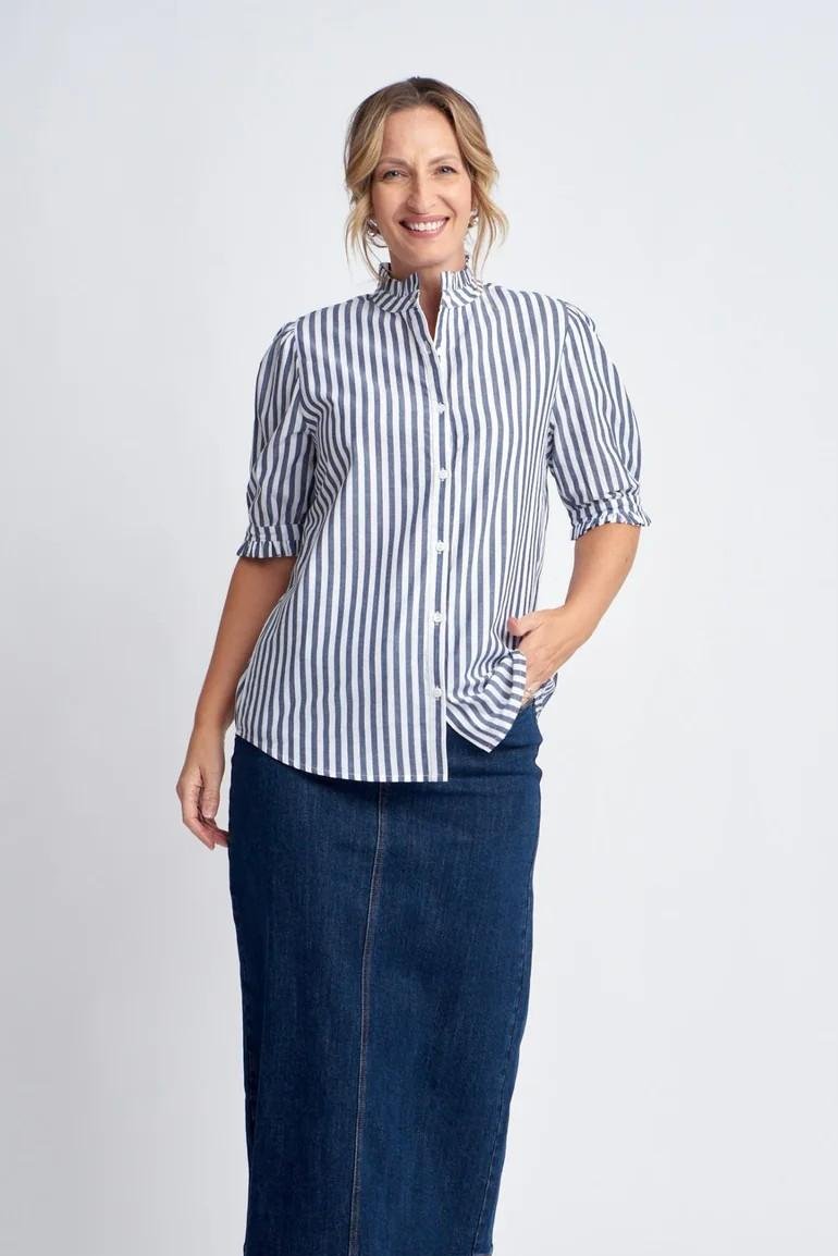 Goondiwindi Cotton - Stripe Short Sleeve Shirt in Navy/White colour front shot