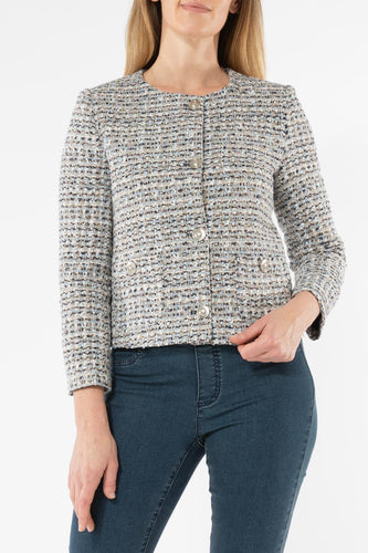 Jump - Multi Boucle Jacket- Blu,  round neck and buttoned closure 