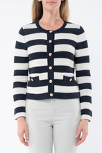 Load image into Gallery viewer, Jump - Stripe Jacket Cardi - Navy / Ivory round neck, drop shoulders, and a button-down front
