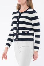 Load image into Gallery viewer, Jump - Stripe Jacket Cardi - Navy / Ivory round neck, drop shoulders, and a button-down front
