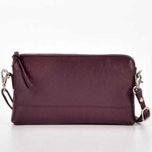 Kara - Leather Purse With Strap in Aubergine colour