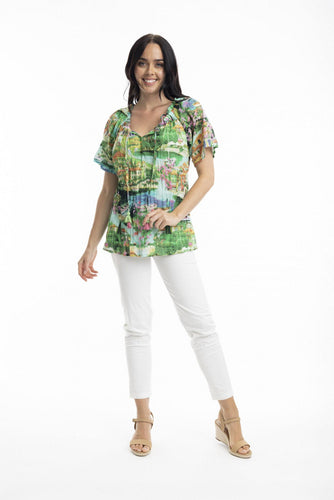 Orientique Bellagio Frill Neckline Top Printed colour front shot