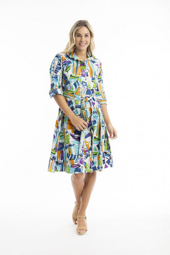 Orientique Cannes Collared Dress with Belt Printed colour front shot