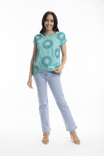 Load image into Gallery viewer, Orientique Embellished Top with Circles Aqua colour front shot
