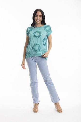 Orientique Embellished Top with Circles Aqua colour front shot