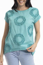 Load image into Gallery viewer, Orientique Embellished Top with Circles Aqua colour front closed up shot
