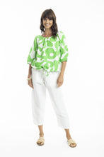 Load image into Gallery viewer, Orientique Print Linen 3/4 Sleeve Top with Gather Neckline Parrot colour front shot
