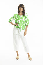 Load image into Gallery viewer, Orientique Print Linen 3/4 Sleeve Top with Gather Neckline Parrot colour front shot
