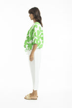 Load image into Gallery viewer, Orientique Print Linen 3/4 Sleeve Top with Gather Neckline Parrot colour side shot
