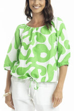 Load image into Gallery viewer, Orientique Print Linen 3/4 Sleeve Top with Gather Neckline Parrot colour front closed up shot
