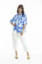 Load image into Gallery viewer, Orientique Print Linen Boxy Shirt with Collar Blue colour front shot
