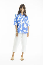 Load image into Gallery viewer, Orientique Print Linen Boxy Shirt with Collar Blue colour front shot
