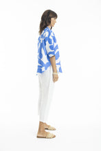 Load image into Gallery viewer, Orientique Print Linen Boxy Shirt with Collar Blue colour side shot
