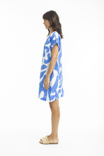 Load image into Gallery viewer, Orientique Print Linen Cap Sleeve Shirt Dress Blue colour side shot
