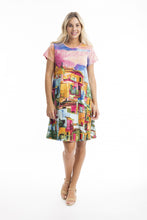 Load image into Gallery viewer, Orientique Printed Cotton Short Sleee Crew Neck Dress Havana colour front shot
