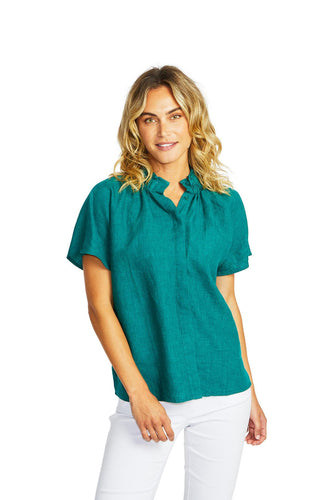 Ping Pong - Nora Linen Ruffle Blouse in Ivy colour front shot