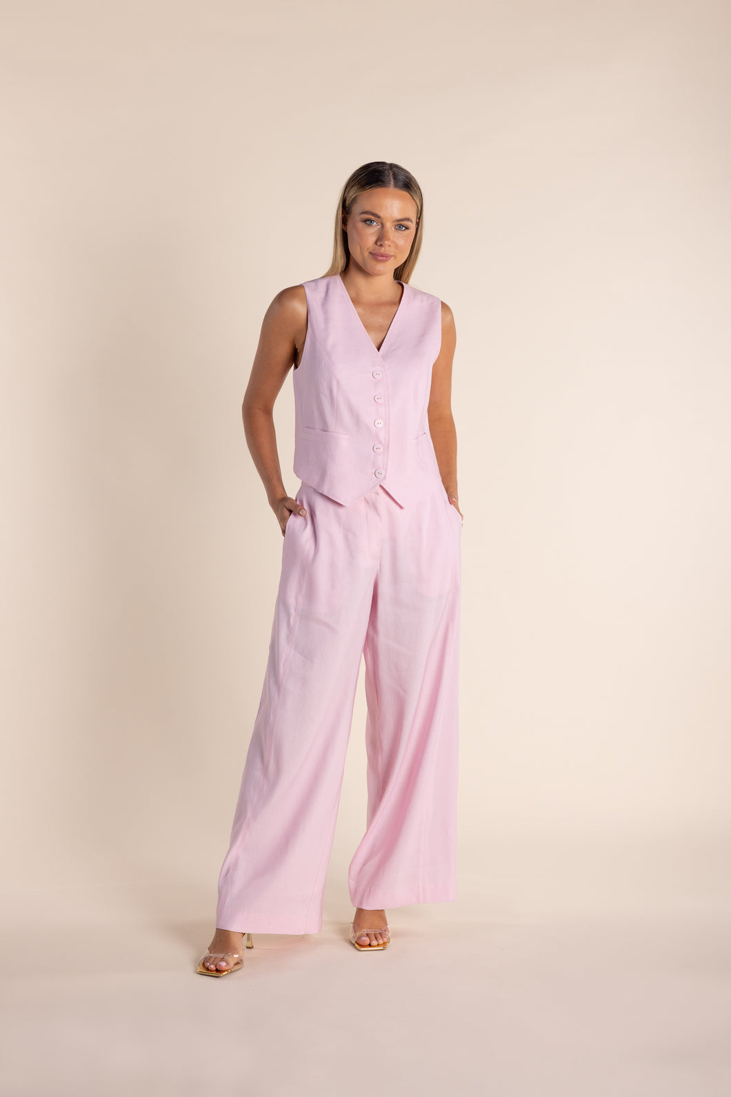 Two-T's Linen Waist Coat - Pink Rose