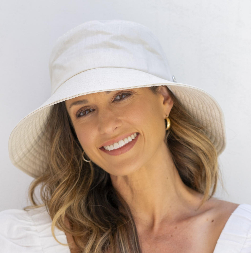 Tabitha Wide Brim Linen Hat in Ivory colour