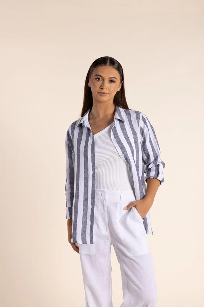 Two-T's - Linen Stripe Shirt in Navy/White colour front shot