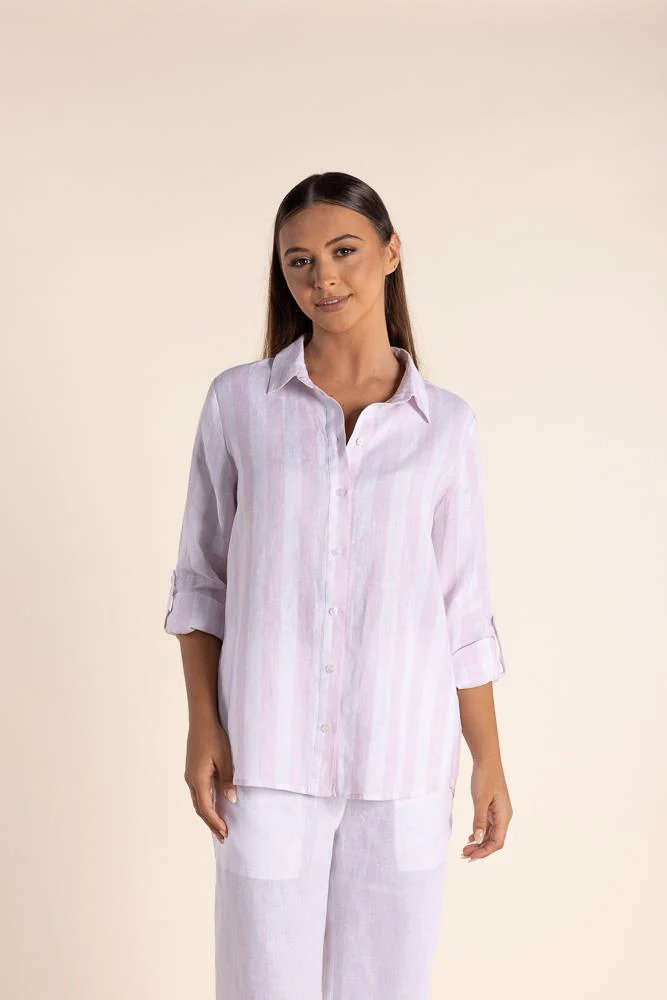 Two-T's - Linen Stripe Shirt in Pink Rose/White colour front shot