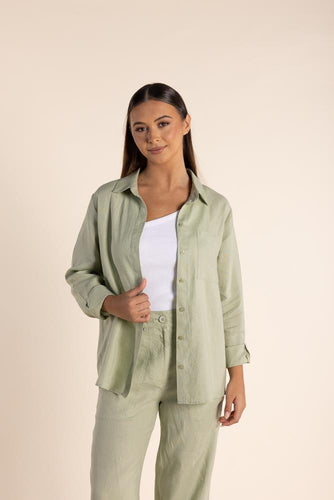 Two-T's - TT Linen Shirt in Avocado colour front shot