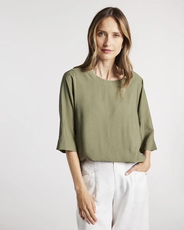 Yarra Trail - Wrap Hem Top in Moss colour front shot